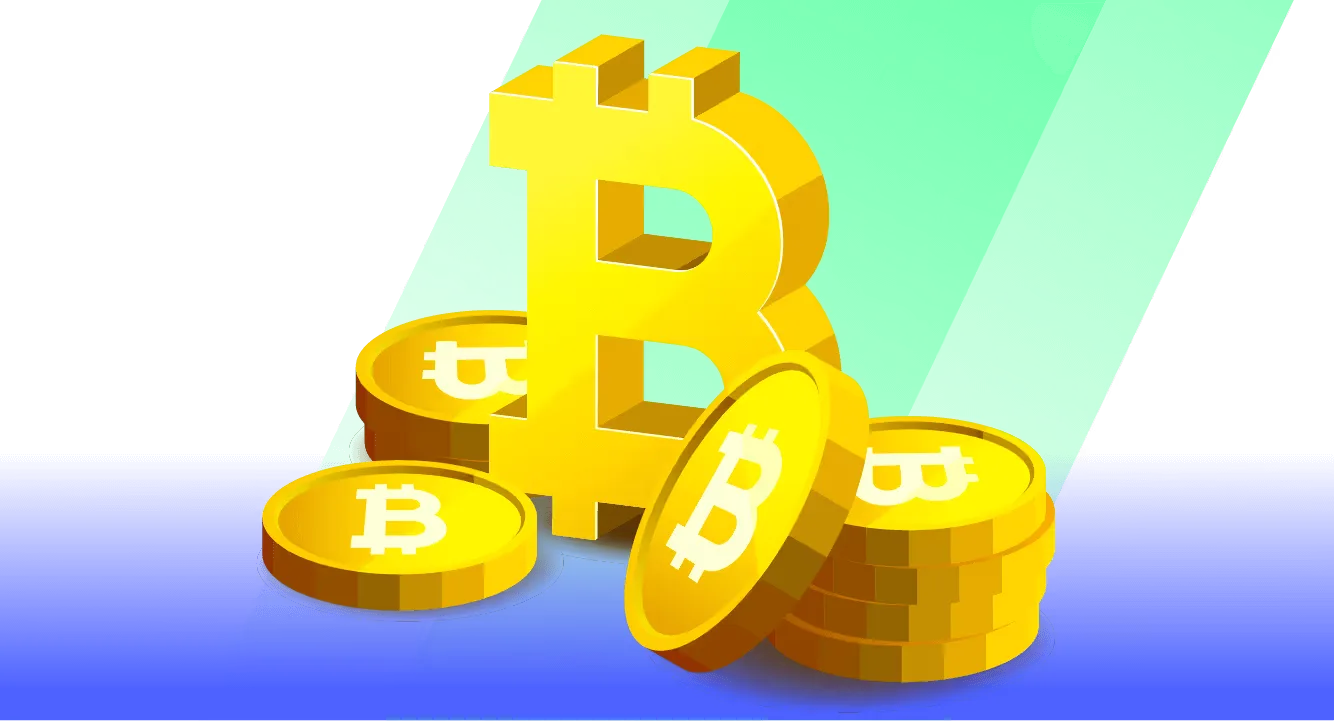 A golden Bitcoin symbol surrounded by coins