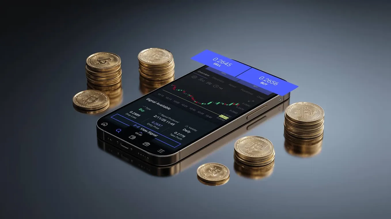 A phone showing a Bitcoin chart surrounded by stacks of coins