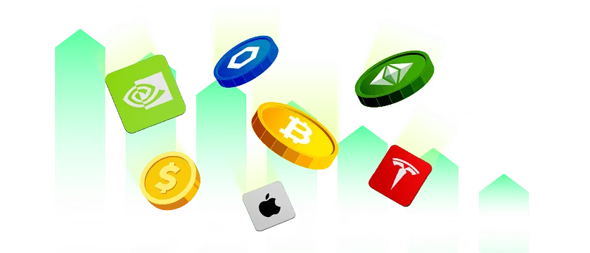 Company and crypto coins floating above rising columns