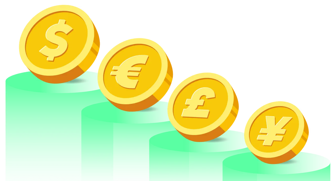 Dollar, euro, pound and yen coins on rising steps