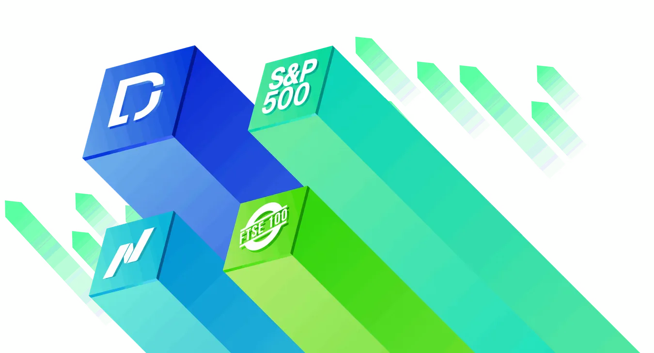 S&P 500 and other index blocks on rising green columns