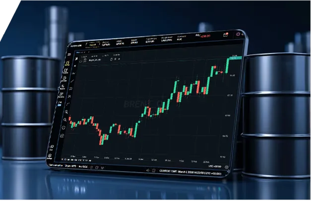 A tablet showing an oil price chart between oil barrels