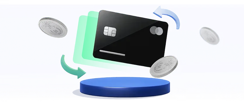 A payment card between arrows and coins on a blue platform